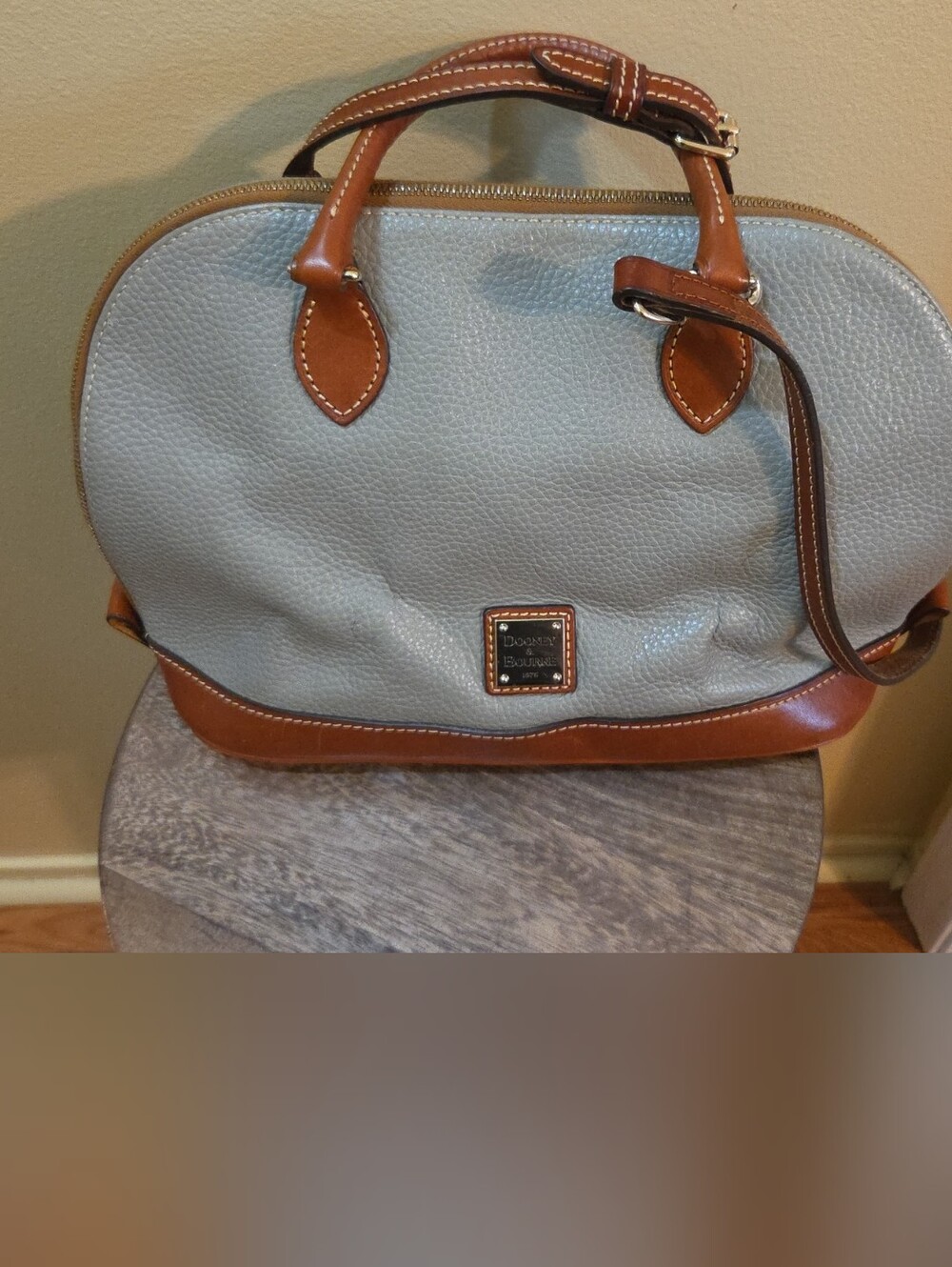 Dooney & Bourke Grey Pebble Leather Domed Satchel Bag with Tan Trim